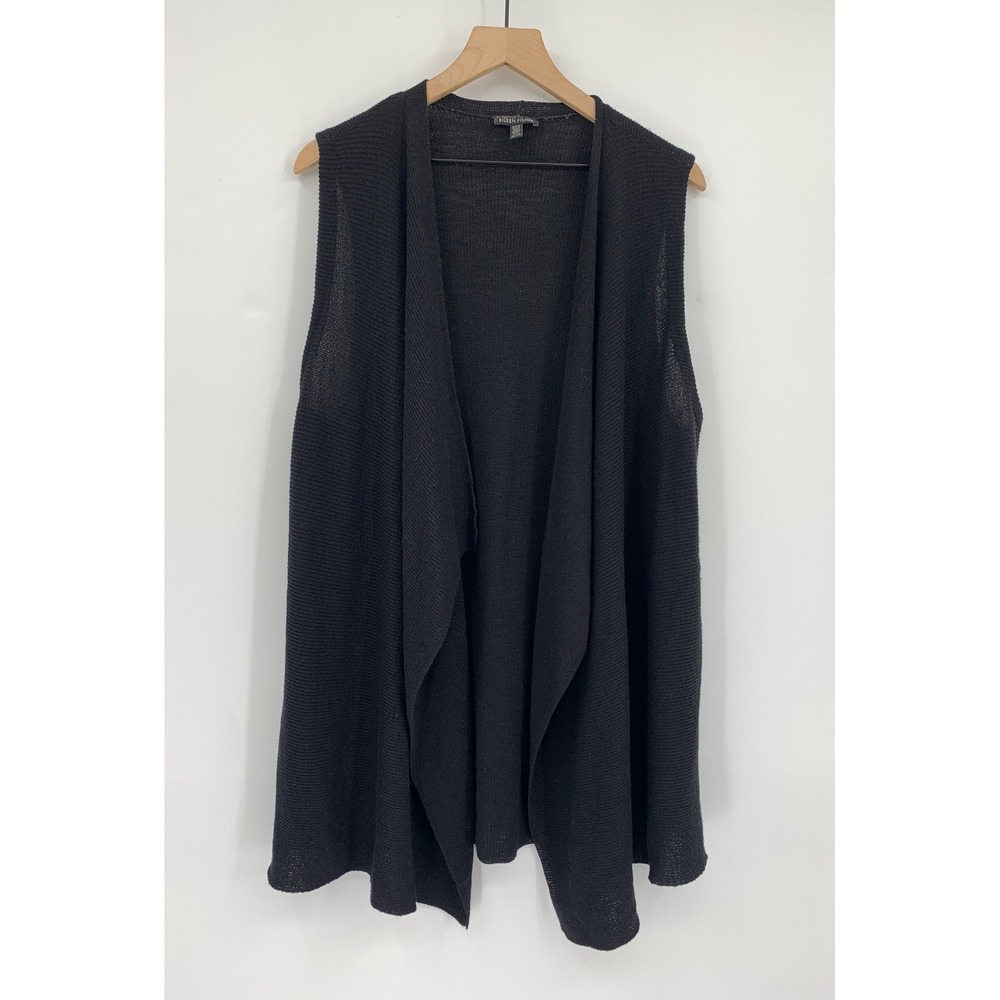 Eileen Fisher Vest Womens XL Black 100% Wool Open Front Knit Cardigan Layering